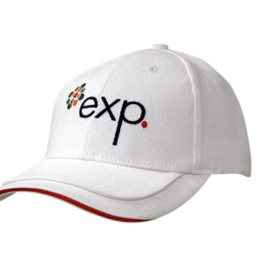 A white cap with sandwich trim and piping on the peak, featuring an embroidered logo.