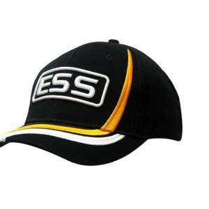A black cap with yellow and white accents, featuring a logo on the front and contrasting peak.