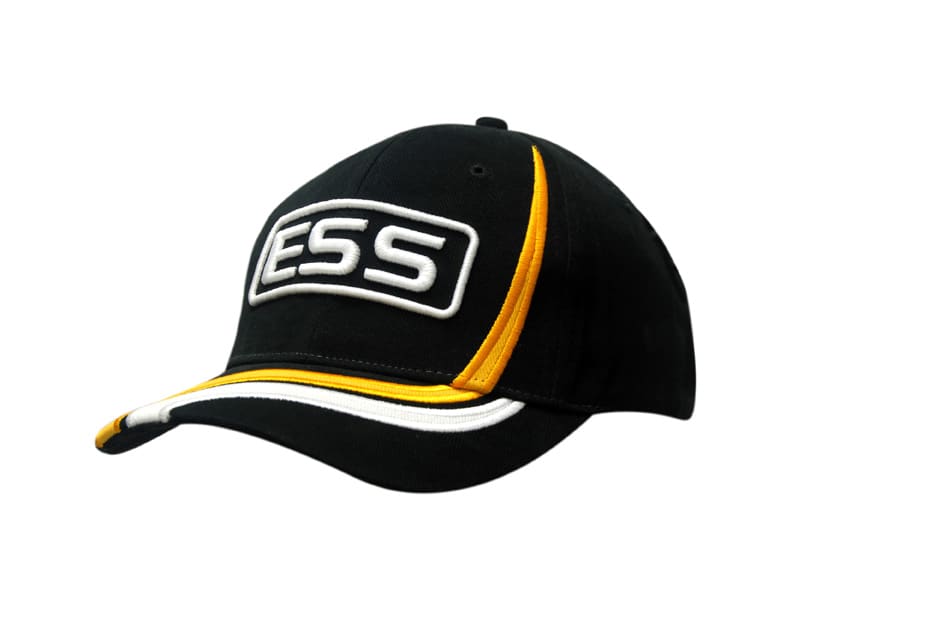 A black cap with yellow and white accents, featuring a logo on the front and contrasting peak.