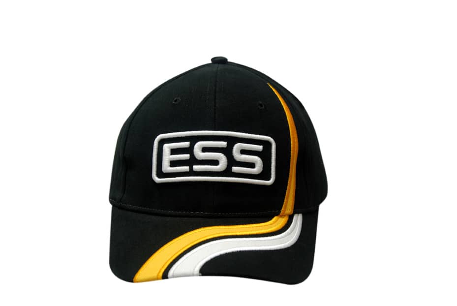 A black cap with crown and peak inserts, featuring a logo and yellow detailing. Suitable for headwear promotion.