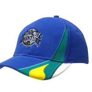 A blue cap with a curved peak, featuring green and yellow accents and a logo on the front.