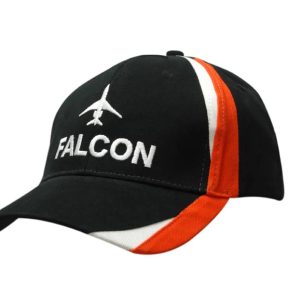 A black and orange cap with fabric inserts on the crown and peak, featuring an embroidered logo.