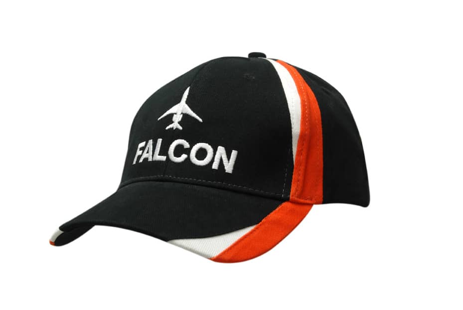 A black and orange cap with fabric inserts on the crown and peak, featuring an embroidered logo.