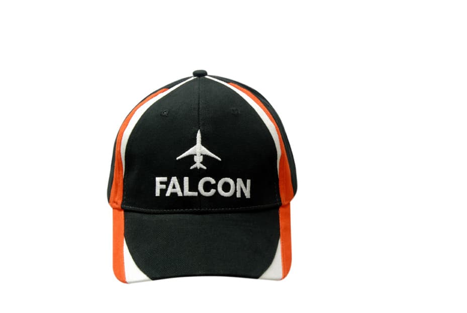 A black cap featuring fabric inserts in orange and white, with a logo on the front.