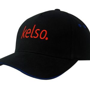A black brushed heavy cotton cap with a blue sandwich trim and an embroidered logo on the front.