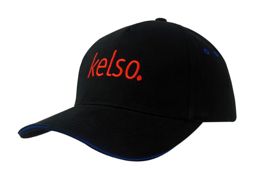A black brushed heavy cotton cap with a blue sandwich trim and an embroidered logo on the front.