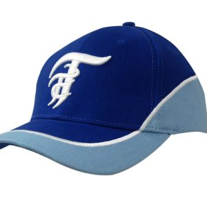 A blue cap with a light blue peak and embroidered logo, featuring a structured design and crown inserts.