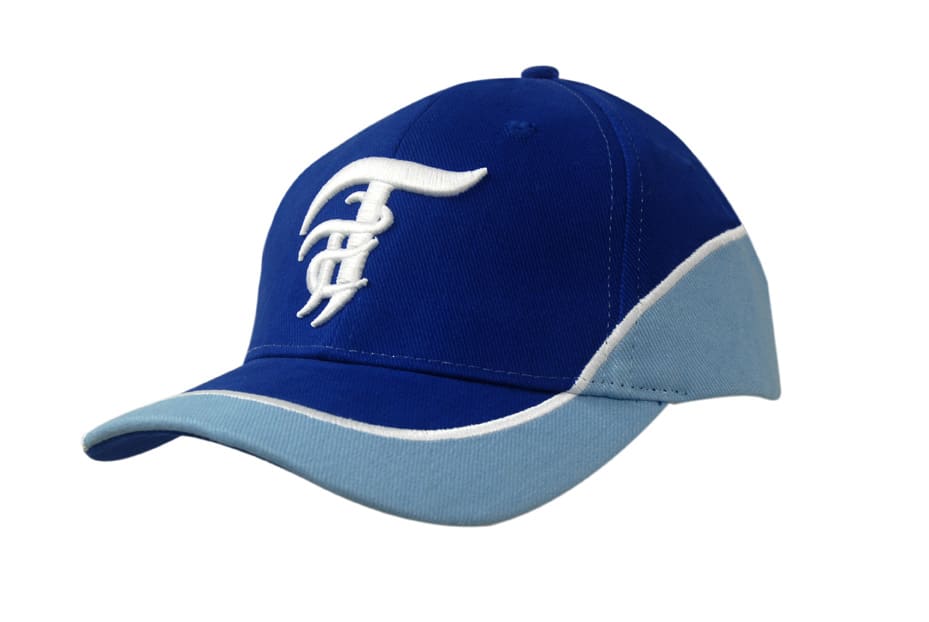 A blue cap with a light blue peak and embroidered logo, featuring a structured design and crown inserts.