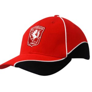 A red cap with black peak inserts and piping, featuring a logo on the front.