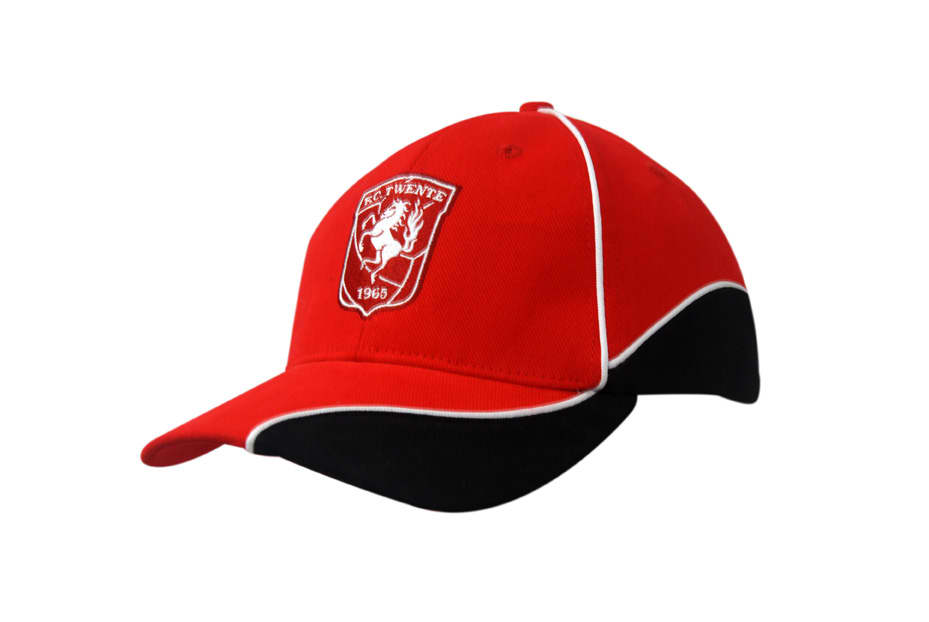 A red cap with black peak inserts and piping, featuring a logo on the front.
