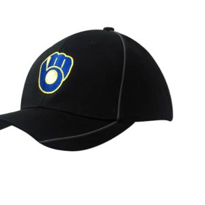 A black cap with a logo on the front and piping along the crown and peak. Made from heavy cotton.