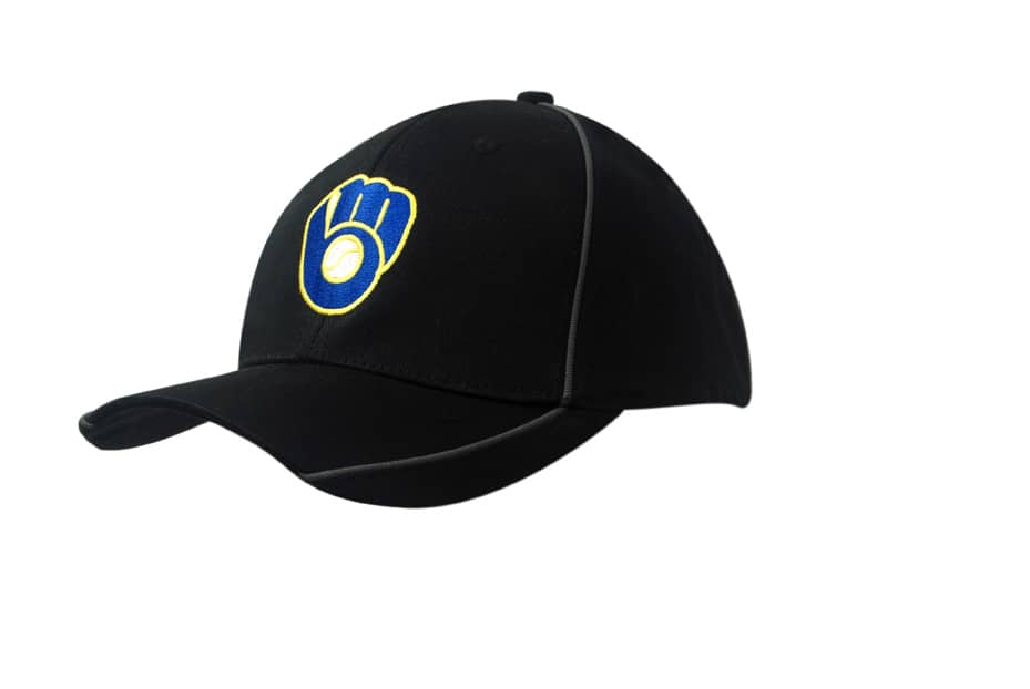 A black cap with a logo on the front and piping along the crown and peak. Made from heavy cotton.