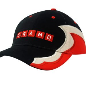 A black and red cap with embroidered lines on the crown and peak, featuring a logo on the front.