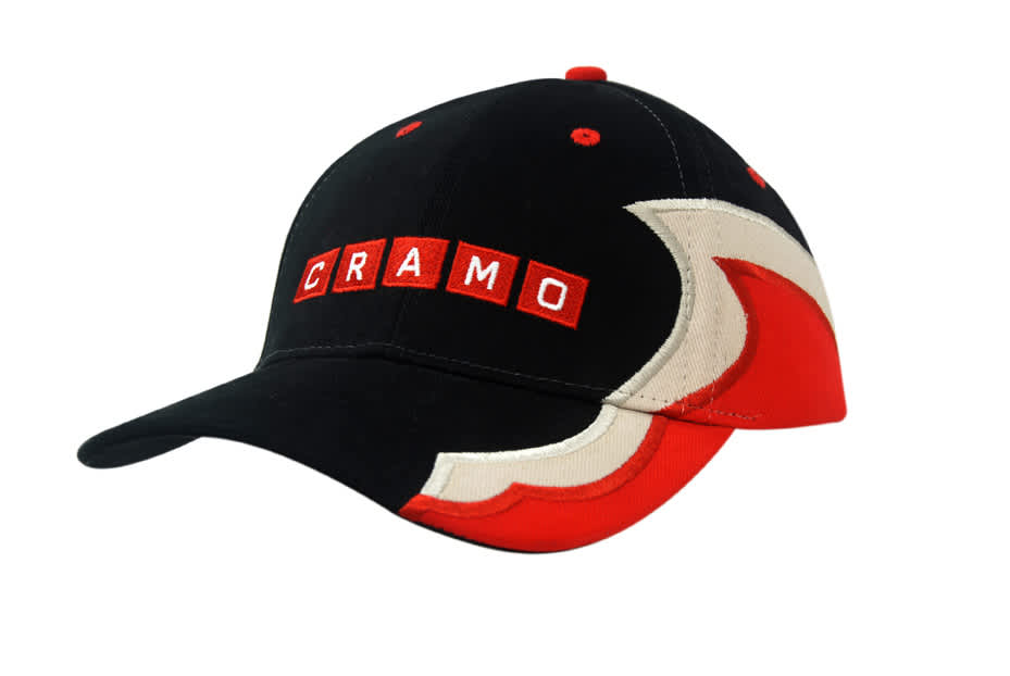 A black and red cap with embroidered lines on the crown and peak, featuring a logo on the front.