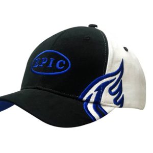 A black and white cap featuring wing embroidery on the crown and peak, with a logo on the front.