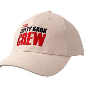 A beige cap made of heavy cotton and spandex, featuring an embroidered logo on the front.