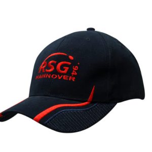A navy cap with red embroidery, featuring peak mesh inserts and a logo on the front.