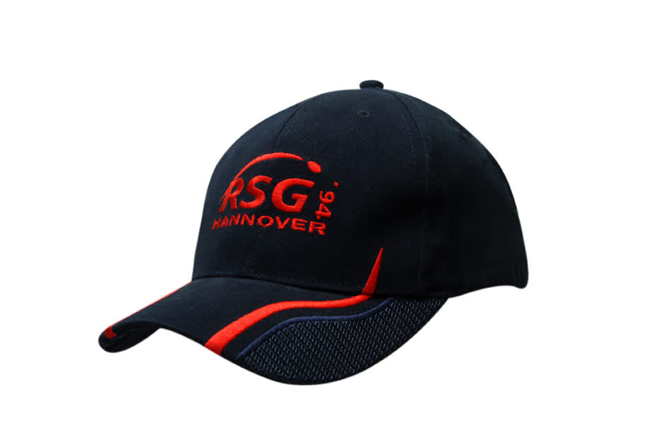A navy cap with red embroidery, featuring peak mesh inserts and a logo on the front.