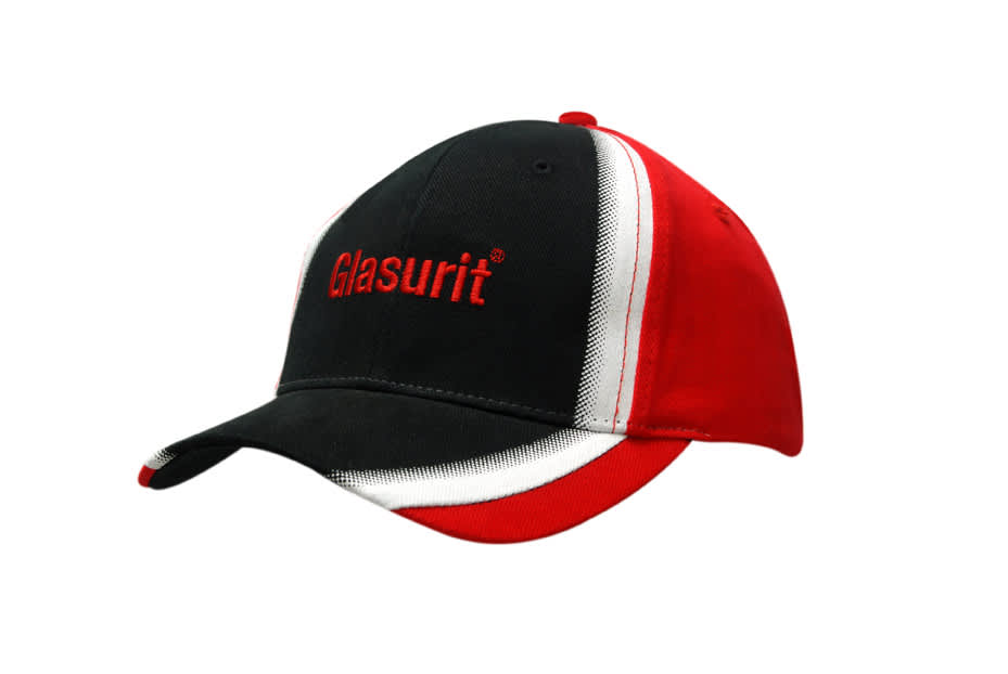A black and red cap featuring a shadow print on the crown and peak, with a branded logo.