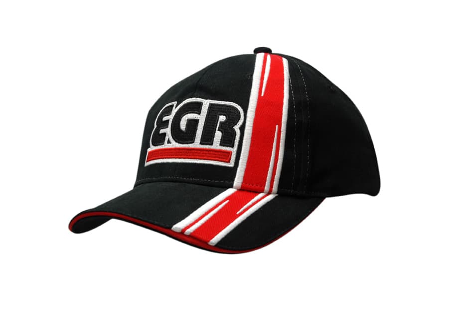 A black cap featuring red and white sandwich trim, with peak and crown inserts, and a logo on the front.