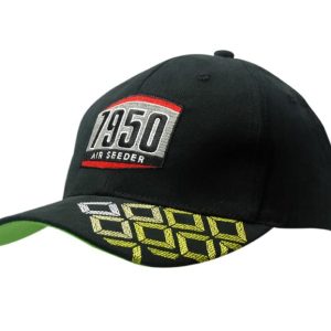A black cap with an embroidered logo on the front and patterned squares on the peak, featuring a green underside.
