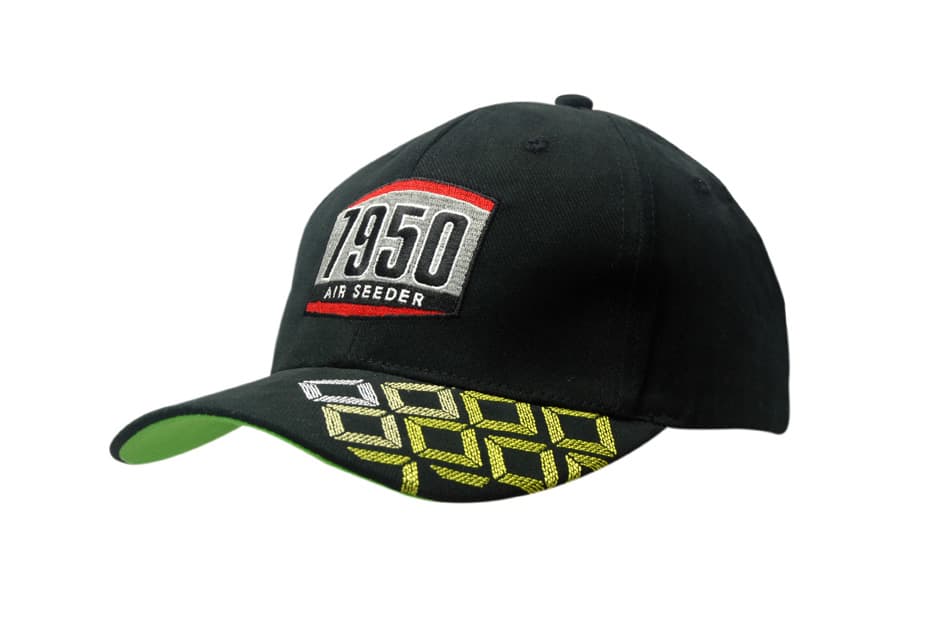 A black cap with an embroidered logo on the front and patterned squares on the peak, featuring a green underside.