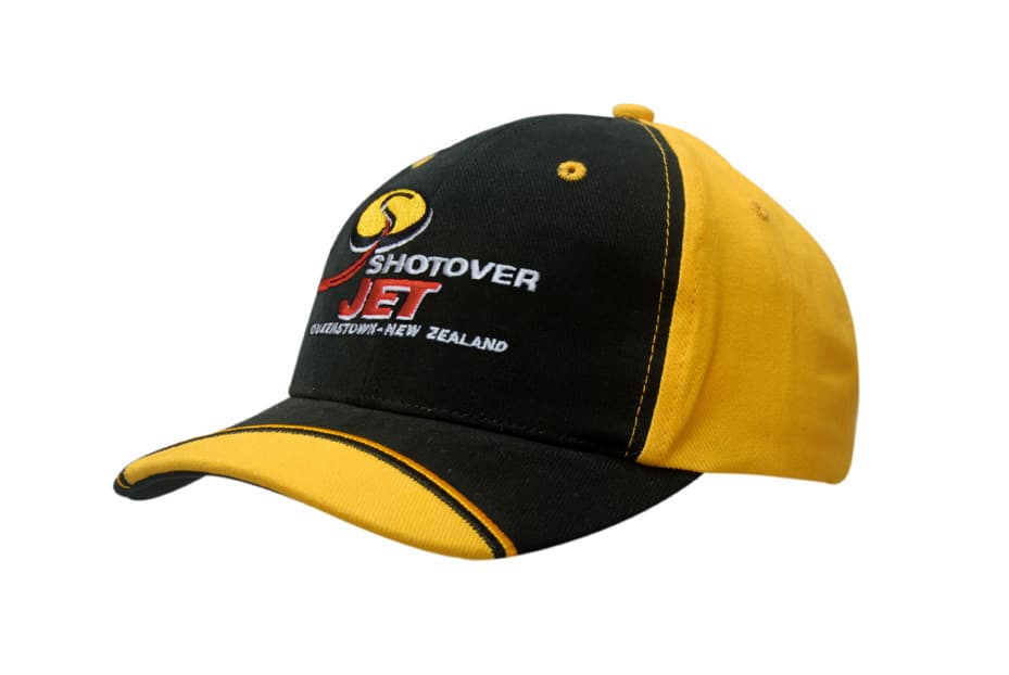 A black and yellow brushed heavy cotton cap with a peak indent and embroidery, featuring a logo.