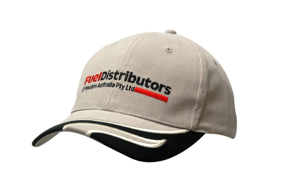 A grey cap with a wave indent and black peak, featuring an embroidered logo on the front.
