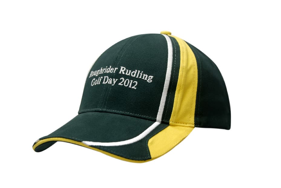 A green and yellow cap featuring fabric inserts and embroidery on the crown and peak, with a logo.