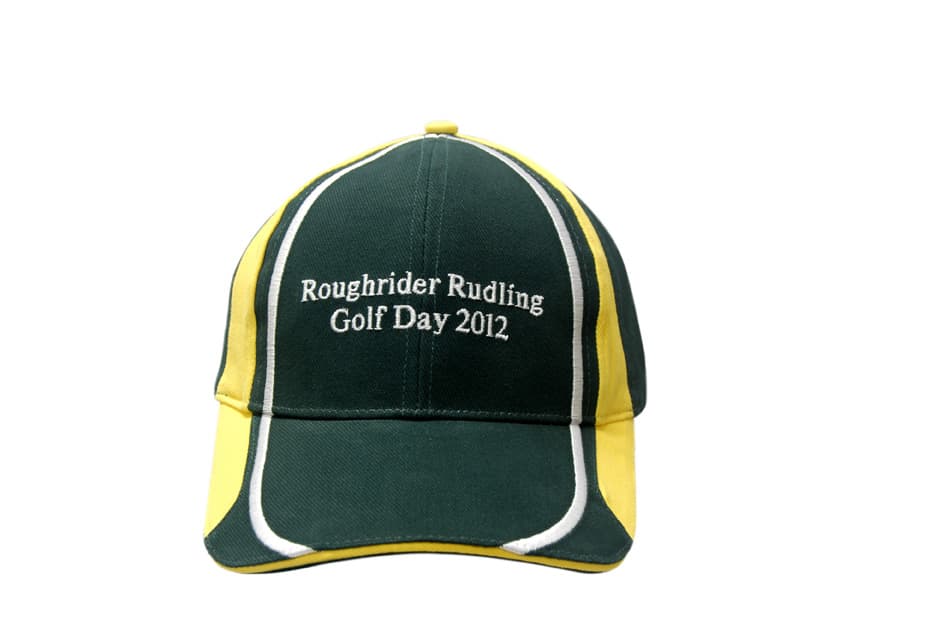 A green and yellow cap featuring embroidery on the crown and peak, with a logo on the front.