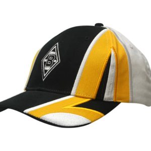 A black, yellow, and white cap with fabric inserts, featuring embroidery on the crown and peak, and a logo.