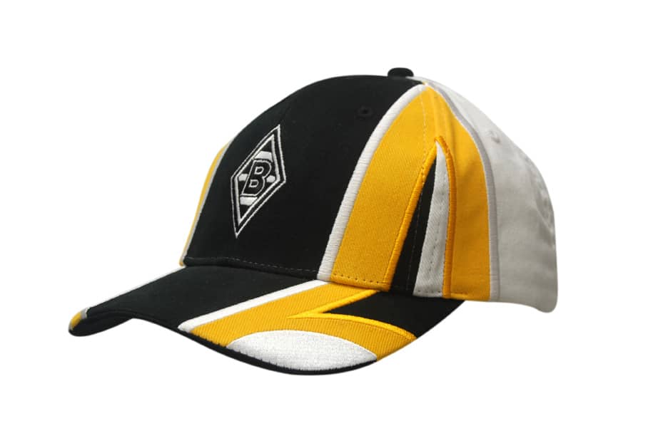 A black, yellow, and white cap with fabric inserts, featuring embroidery on the crown and peak, and a logo.