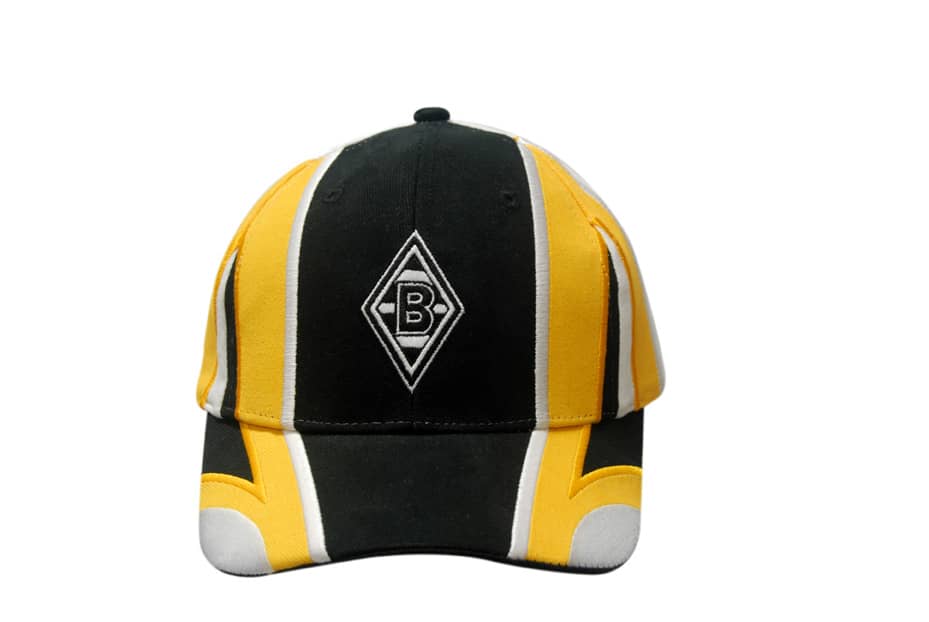 Brushed heavy cotton cap in black, yellow, and grey with fabric inserts and embroidery on crown and peak.