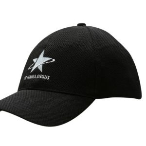 A black fitted cap with a structured mesh design and a logo on the front.