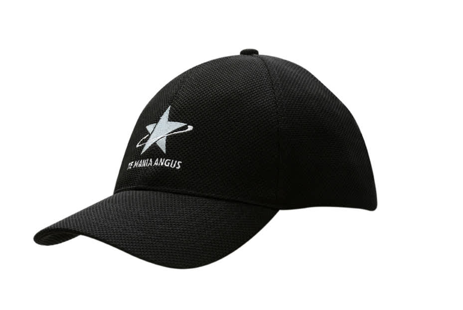 A black fitted cap with a structured mesh design and a logo on the front.