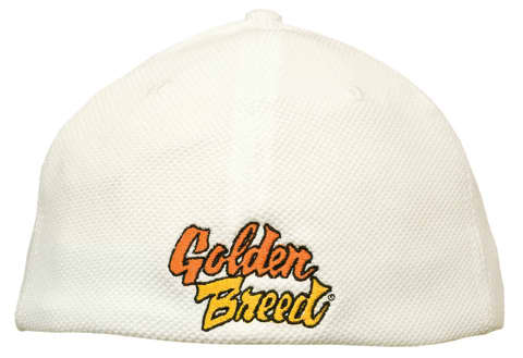 A white fitted cap featuring a logo in orange and yellow. The cap has a mesh design.