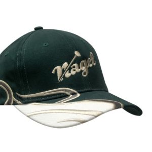 A green brushed heavy cotton cap featuring swirl embroidery on the crown and peak, with branding visible.