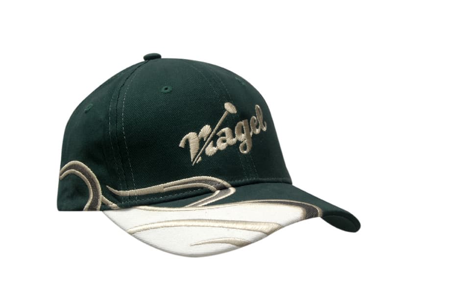 A green brushed heavy cotton cap featuring swirl embroidery on the crown and peak, with branding visible.
