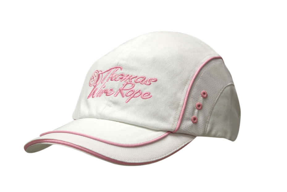 A white cap with pink sandwich trim, mesh inserts, and crown/peak piping, featuring a logo.