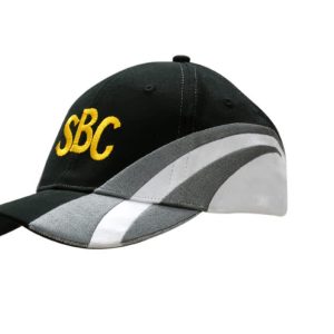 A black cap with grey fabric inserts and yellow embroidery on the crown and peak, featuring a logo.