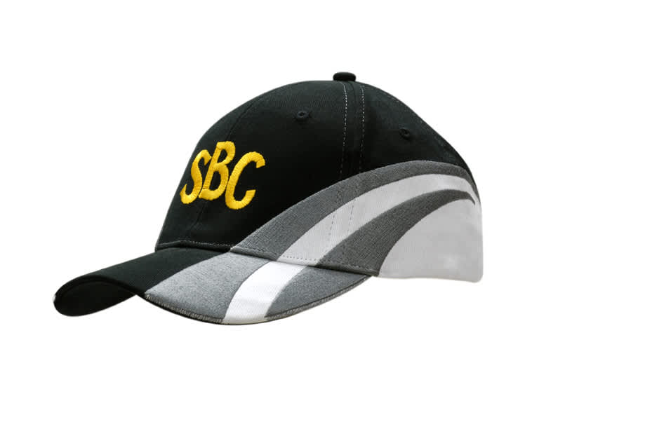A black cap with grey fabric inserts and yellow embroidery on the crown and peak, featuring a logo.