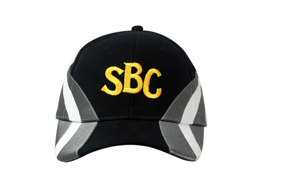 A black cap with grey fabric inserts and yellow embroidery on the crown and peak, featuring a logo.