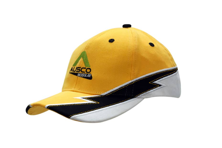 A yellow cap with a striking design featuring a black and white peak and a logo on the front.