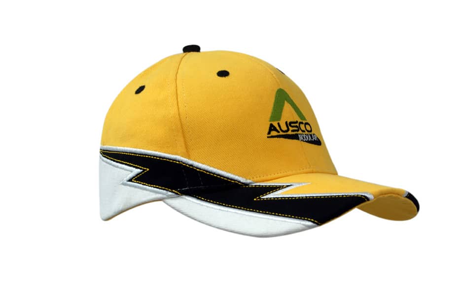 A yellow cap with a black and white strike design on the crown and peak, featuring a logo on the front.