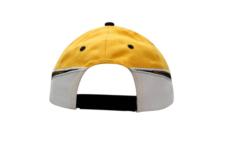 A cap featuring a yellow crown and peak, with a white visor and a black adjustment strap at the back.