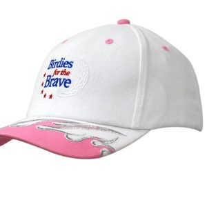 A white cap with pink accents and flame embroidery on the peak, featuring a logo on the crown.
