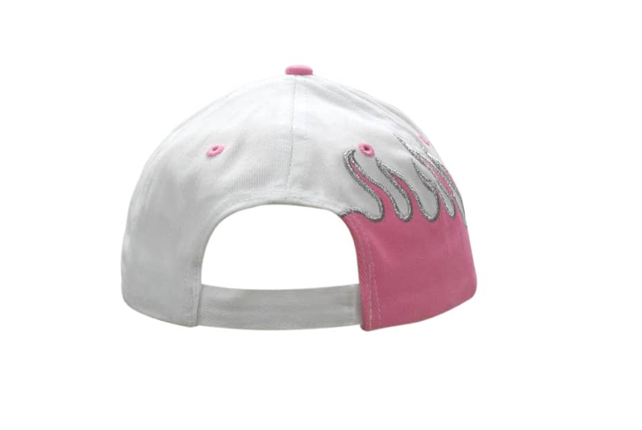 A pink and white cap with flame embroidery on the crown and peak, featuring a logo on the side.