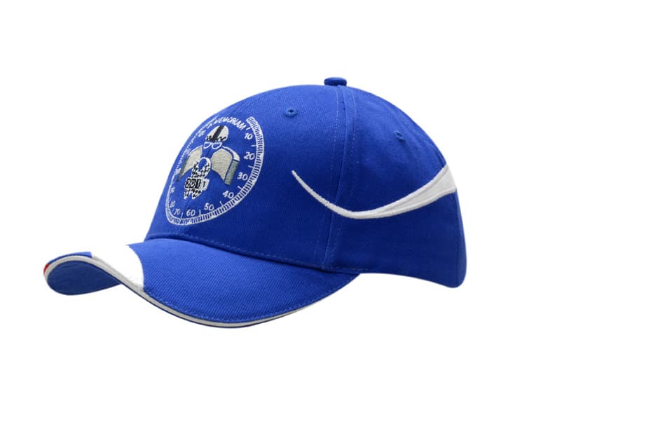 A blue cap with embroidered design on the crown and peak, featuring fabric inserts and a logo.