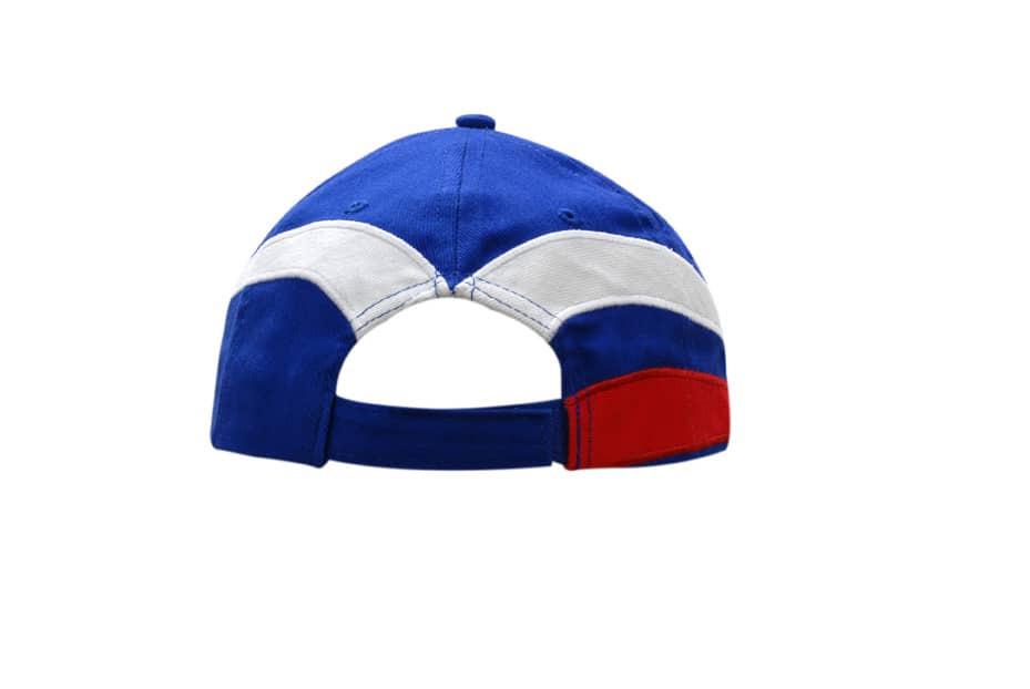 A blue cap featuring white and red fabric inserts, with embroidery on the crown and peak. The cap has a logo.