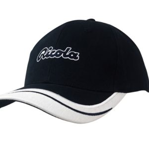 A black cap with a white peak insert and embroidered lines, featuring a logo on the front.